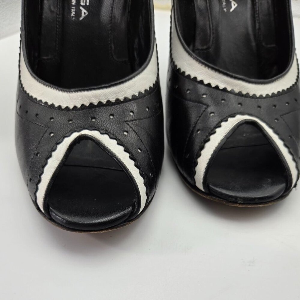 VTG Via Spiga 7.5 Black White Leather Peep-Toe Mary Jane Oxford Heels Lady*Read - Picture 4 of 15